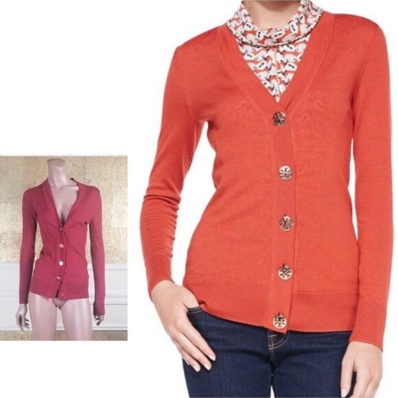 Tory Burch Size Medium wool Women's Elegant V-Neck Orange Cardigan sweater - Picture 1 of 5